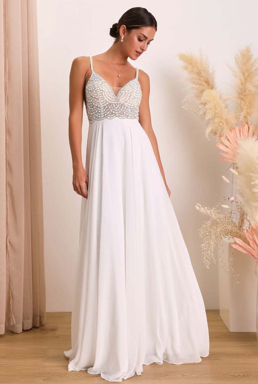 NWT Lulus Size 6 True Love White Beaded Rhinestone Maxi Dress Wedding Gown